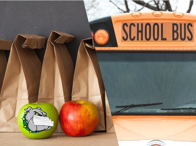 Lunch bags with apples and school bus
